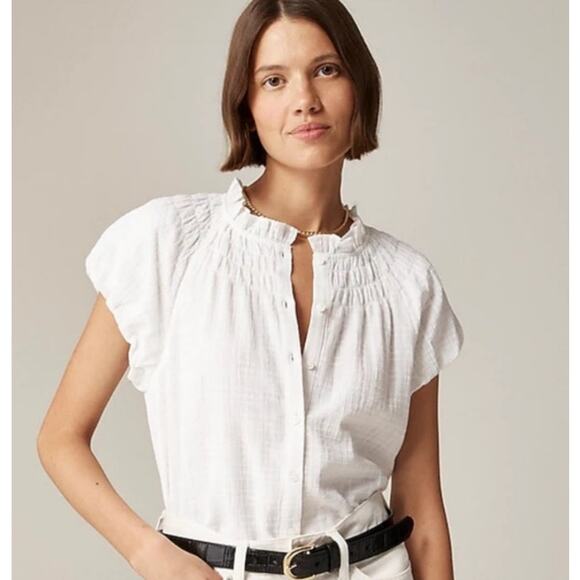 J. Crew Smocked Neck Top Women Medium White Button Up Cotton Classic 2024 Style - Picture 1 of 11